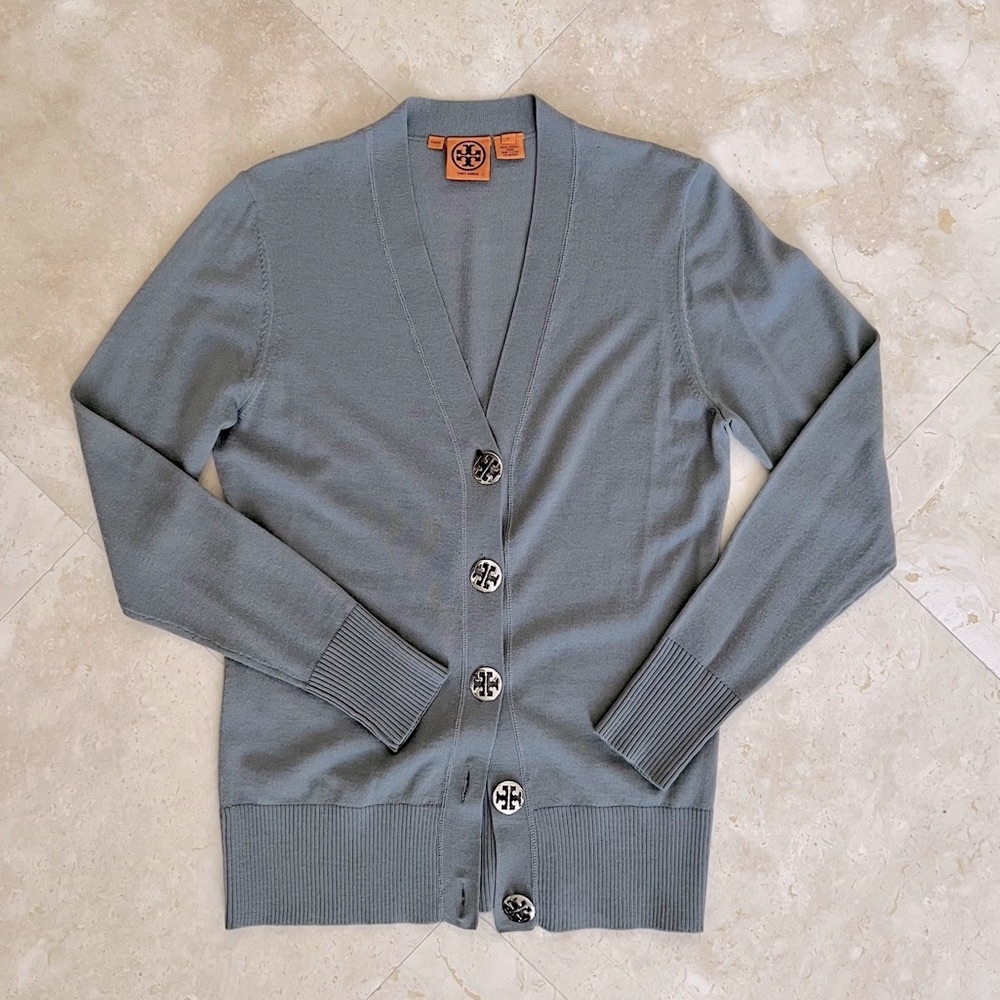 Tory Burch Light Weight Wool Cardigan with Silver Logo Buttons - Picture 5 of 10